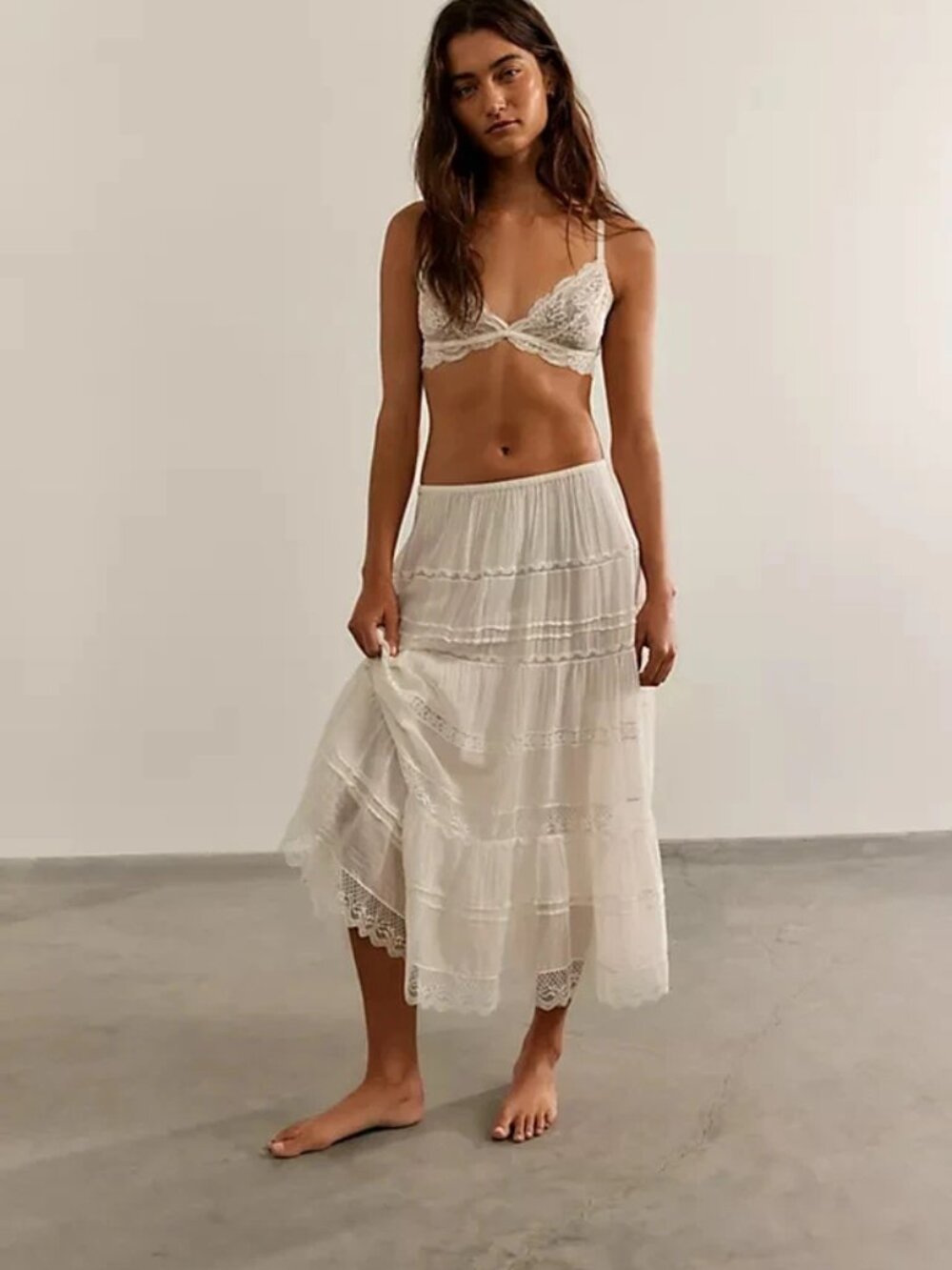 Free People FP One Lily Lace Midi Skirt Ivory Pull-on Elastic S